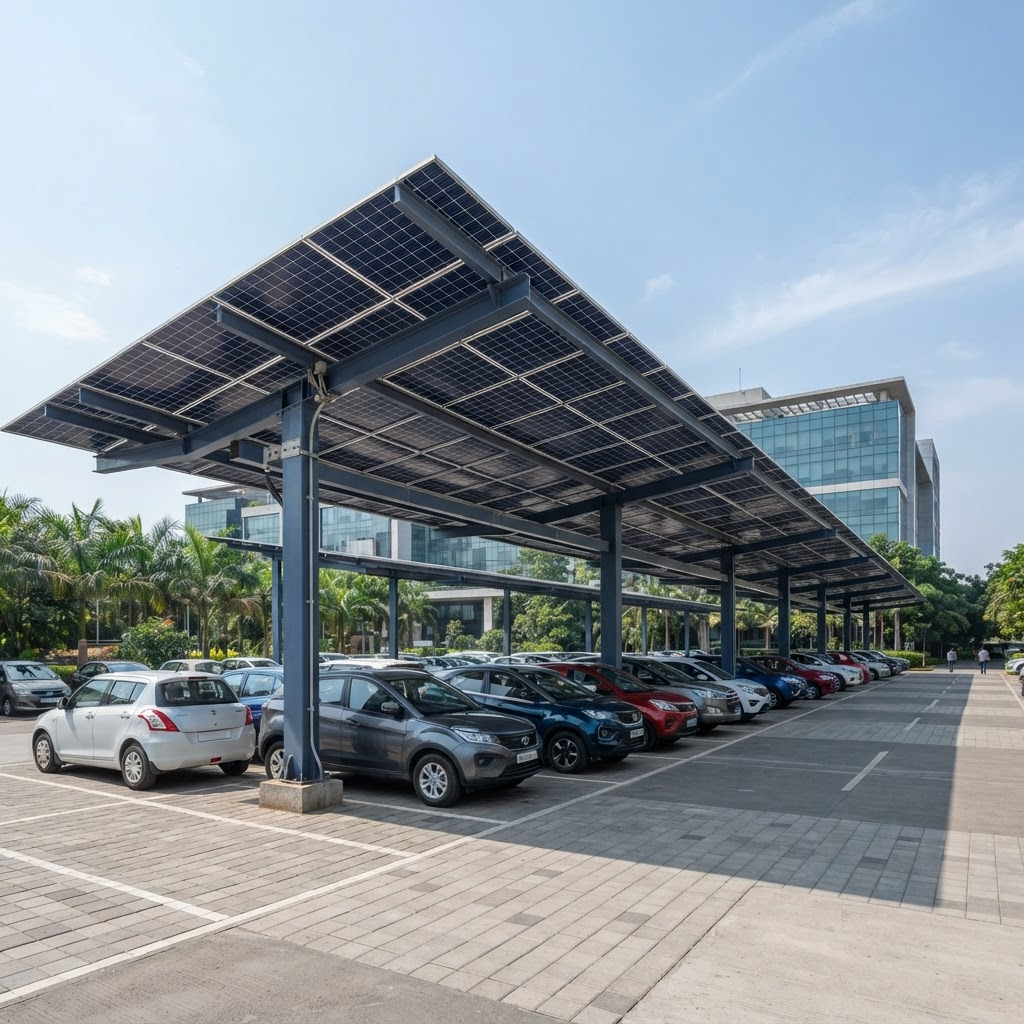 Solar panel canopy over a commercial parking area