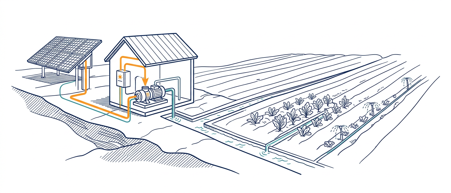 Solar-powered agricultural pump system with full irrigation layout
